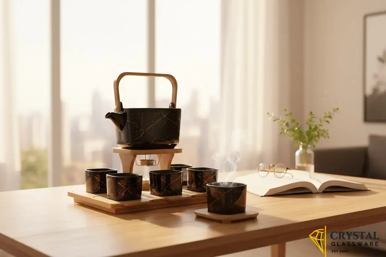 Ceramic teapot set features a black marble pattern with gold detailing, mounted on a wooden stand